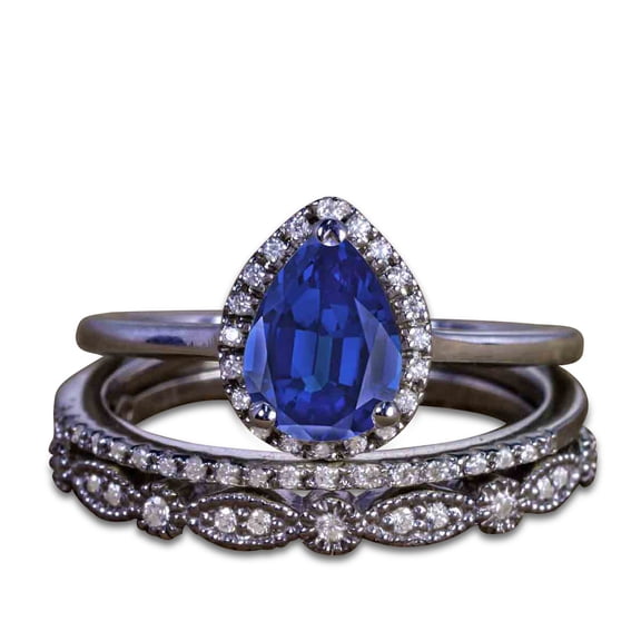 JeenMata 2.50 ct - Pear Shaped Dark Lab Created Blue Sapphire - Antique Wedding Ring - Trio Bridal Ring Set - 18K Black Gold over Silver