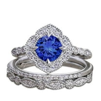 JeenMata 2.50 ct - Round Dark Blue Vintage Sapphire Wedding Ring - Trio Wedding Set - 18K White Gold over Silver
