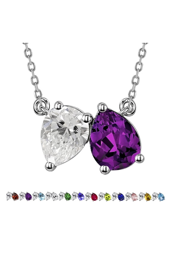 2.75 Carat February Birthstone Pendant Necklace - Pear Cut Two Stone Amethyst & Cubic Zirconia Necklace in 18K White Gold Plating for Women