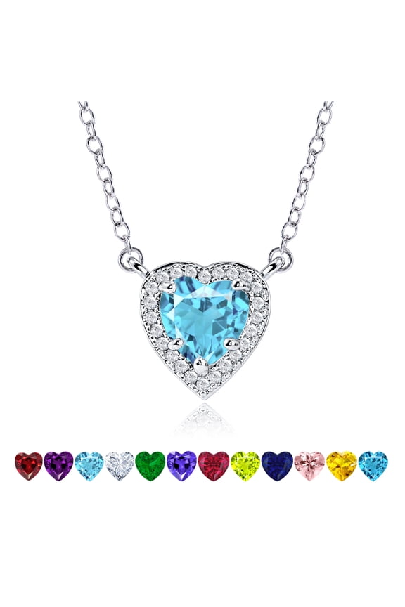 2 Carat Aquamarine - March Birthstone Elegant Heart Shaped Halo Pendant Necklace - 18K White Gold Plating for Women