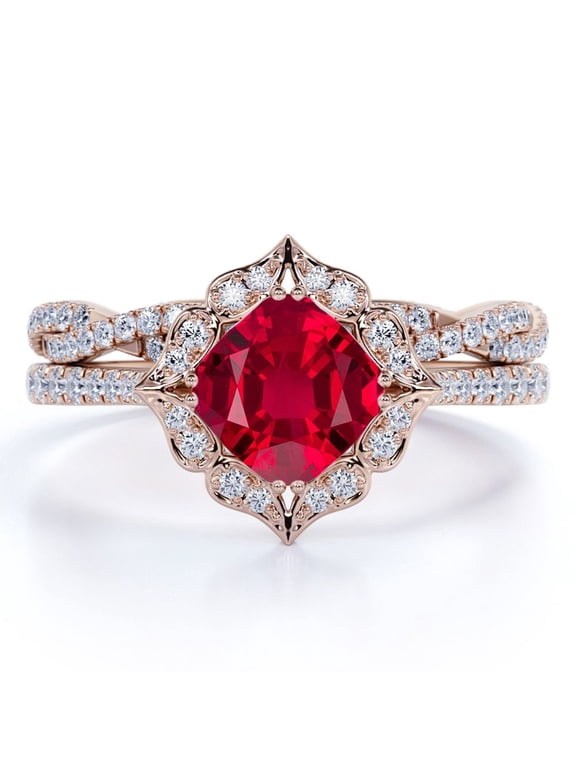 2 Carat Cushion Cut Art Deco Blood Red Lab Created Ruby Wedding Ring Set in 18k Rose Gold over Silver