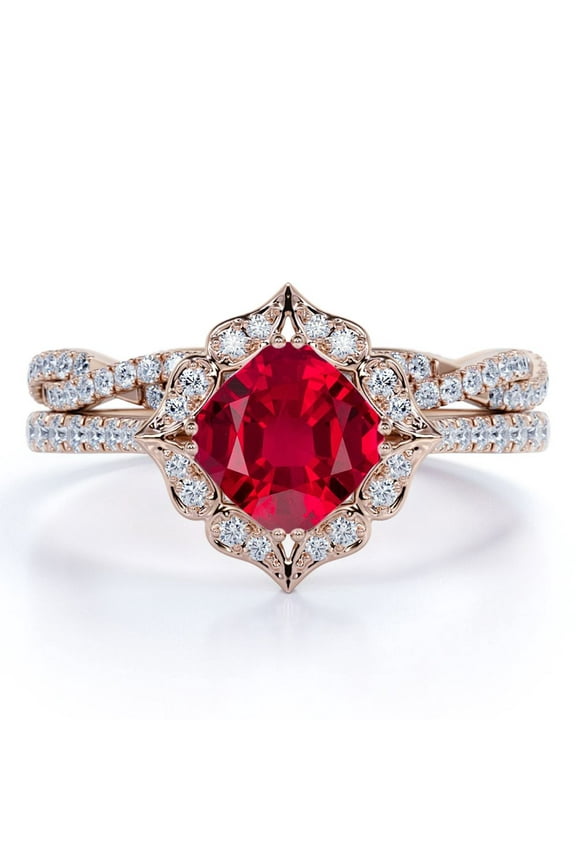 2 Carat Cushion Cut Art Deco Blood Red Lab Created Ruby Wedding Ring Set in 18k Rose Gold over Silver