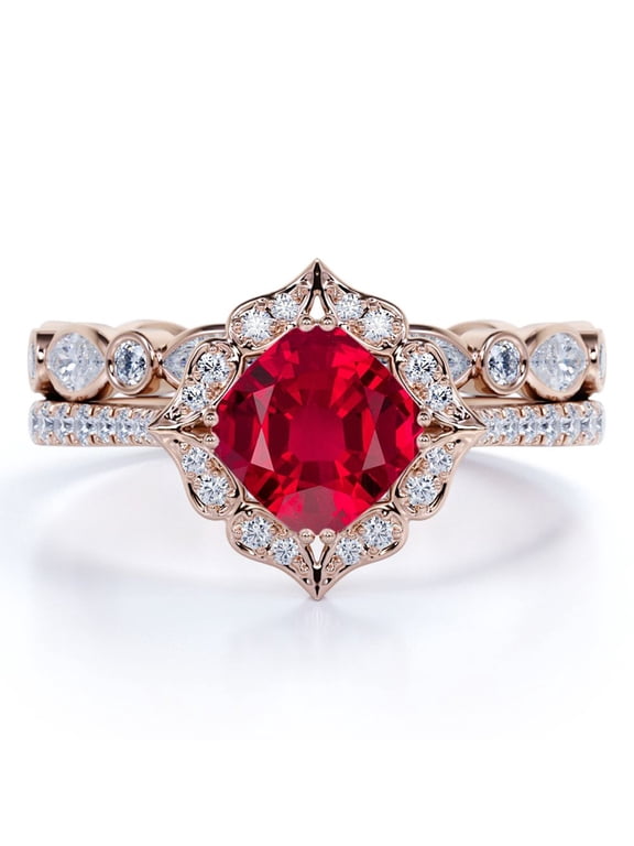 2 Carat Cushion Cut Minimalist Blood Red Lab Created Ruby Wedding Ring Set in 18k Rose Gold over Silver