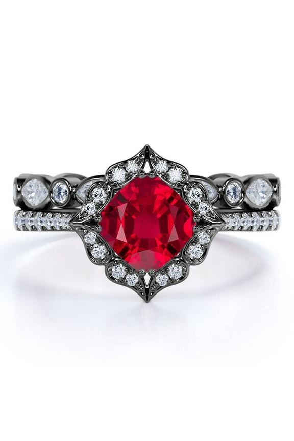 2 Carat Cushion Cut Sunset Blood Red Lab Created Ruby Wedding Ring Set in 18k Black Gold over Silver