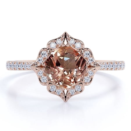 JeenMata 1.50 Carat Cushion Cut created Peach created morganite and Moissanite Pave Engagement Ring