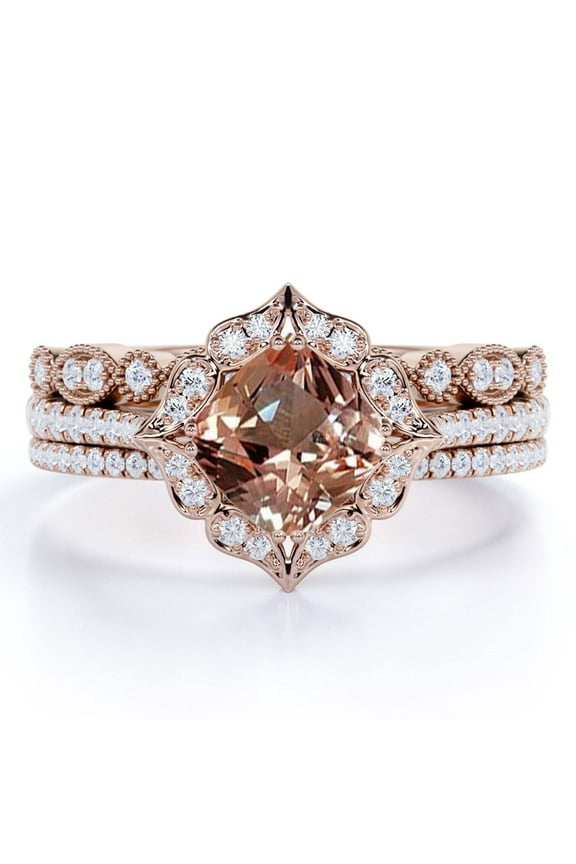 2 Carat Cushion Cut created morganite Trio Set - Bridal Set - Wedding Trio Set - Classic Ring - Halo Ring - 18k Rose Gold Over Silver