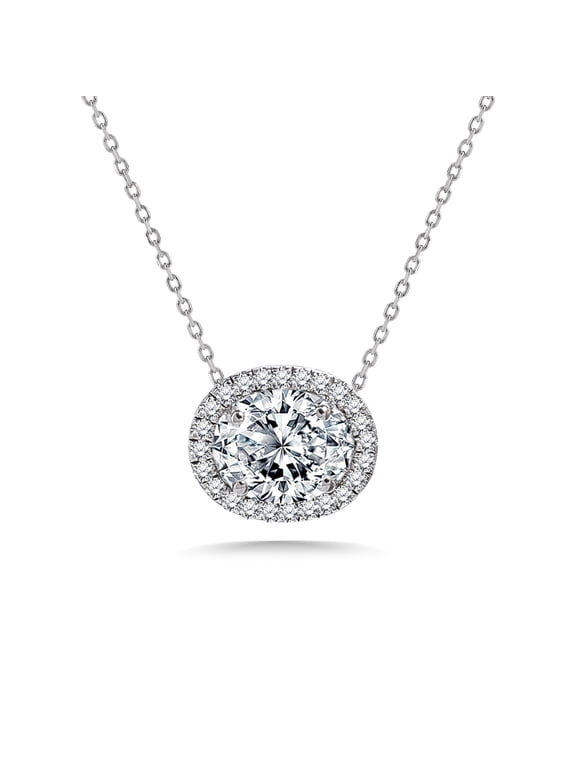 2 Carat East West Oval Cut Moissanite Floating Halo Slide Pendant Necklace in 18K White Gold over Silver