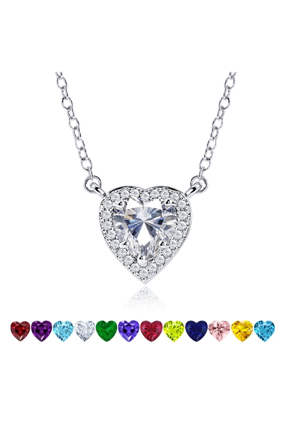 2 Carat Cubic Zirconia - April Birthstone Elegant Heart Shaped Halo Pendant Necklace - 18K White Gold Plating for Women