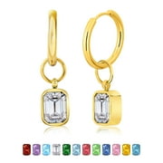 JEENMATA 2 Carat Emerald Cut - Cubic Zirconia - April Bezel Huggie Hoop Earrings - Yellow Gold Plated