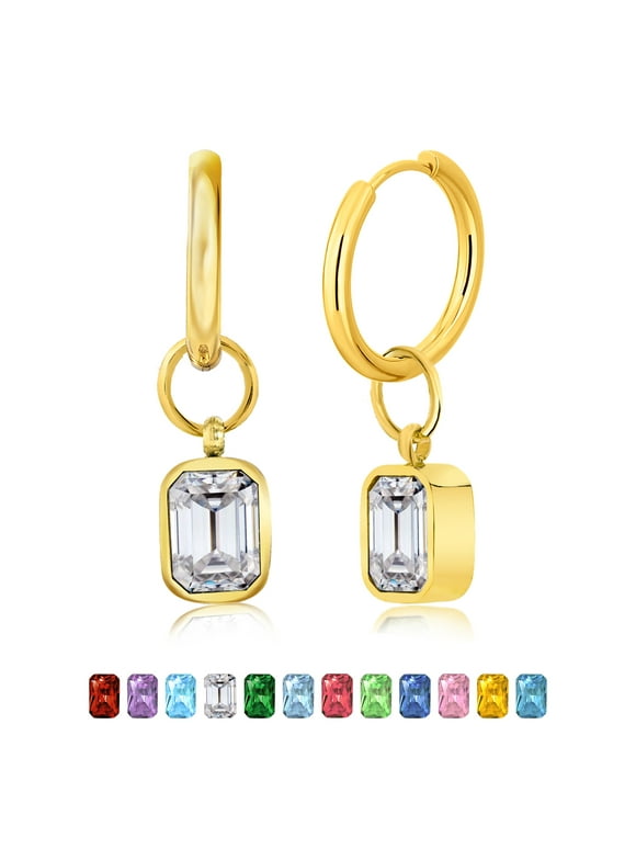 2 Carat Emerald Cut - Cubic Zirconia - April Bezel Huggie Hoop Earrings - Yellow Gold Plated