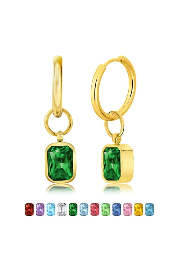 2 Carat Emerald Cut - Emerald - May Birthstone Bezel Huggie Hoop Earrings - Yellow Gold Plated
