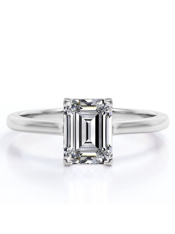 2 Carat Emerald Cut Engagement Ring - Prong Setting - Solitaire Promise Ring in 18K White Gold Plating for Women