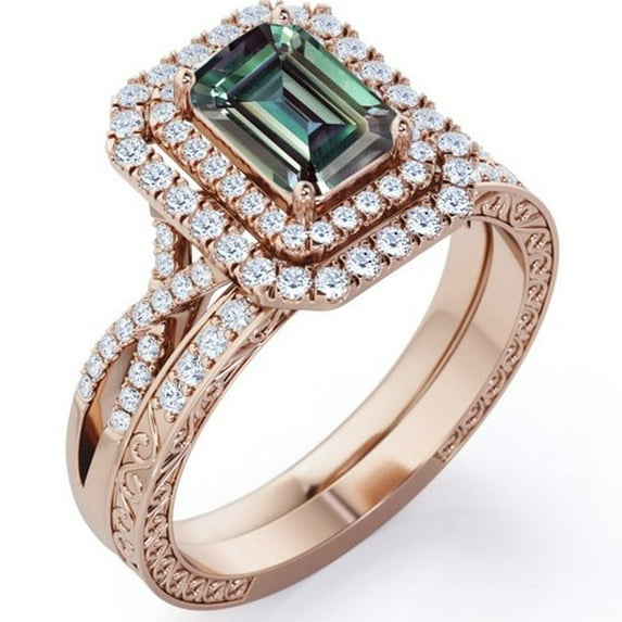 JeenMata 2 Carat Emerald Cut Lab Grown Alexandrite and Moissanite - Edwardian Design - Double Halo Infinity Wedding Set - 18K Rose Gold Plating over Silver