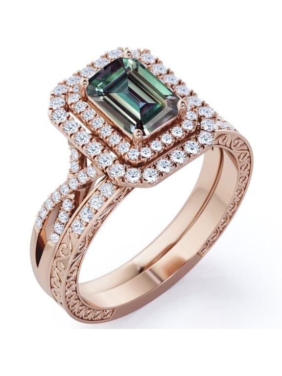 2 Carat Emerald Cut Lab Grown Alexandrite and Moissanite - Edwardian Design - Double Halo Infinity Wedding Set - 18K Rose Gold Plating over Silver