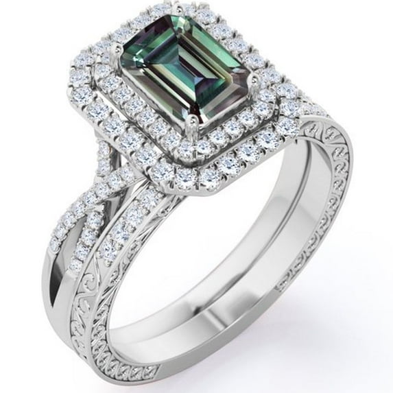 JeenMata 2 Carat Emerald Cut Lab Grown Alexandrite and Moissanite - Edwardian Design - Double Halo Infinity Wedding Set - 18K White Gold Plating over Silver