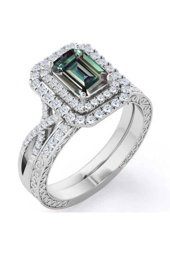 2 Carat Emerald Cut Lab Grown Alexandrite and Moissanite - Edwardian Design - Double Halo Infinity Wedding Set - 18K White Gold Plating over Silver