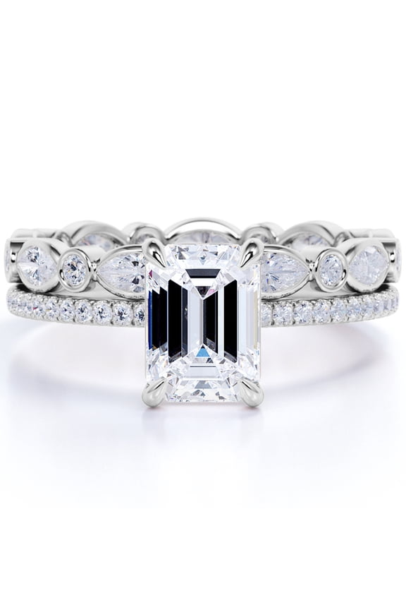 2 Carat Emerald Cut Moissanite Bridal Ring Set with Infinity Band in 18k White Gold Over Silver