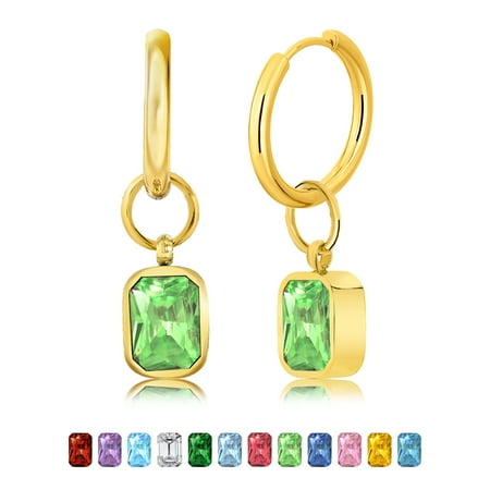JeenMata 2 Carat Emerald Cut - Peridot - August Birthstone Bezel Huggie Hoop Earrings - Yellow Gold Plated