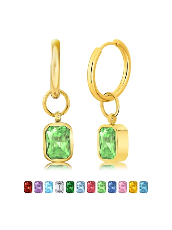 2 Carat Emerald Cut - Peridot - August Birthstone Bezel Huggie Hoop Earrings - Yellow Gold Plated