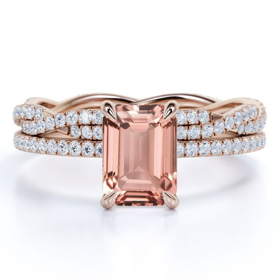JeenMata 2 Carat Emerald Cut created morganite Wedding Set - Bridal Set - Wedding Trio Set - Engagement Ring - Wedding Ring - Infinity Ring - 18k Rose Gold Over Silver