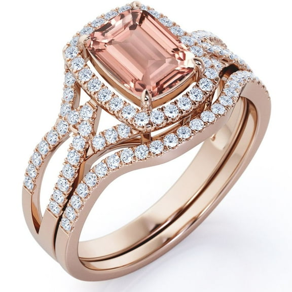 JeenMata 2 Carat Emerald Cut created morganite and Moissanite Halo Infinity Bridal Set On 18K Rose Gold Over Silver