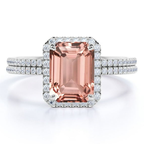 JeenMata 2 Carat Emerald cut created morganite and Moissanite Bridal Wedding Ring Set with Engagement Ring and Wedding Band in 18k Gold Over Silver