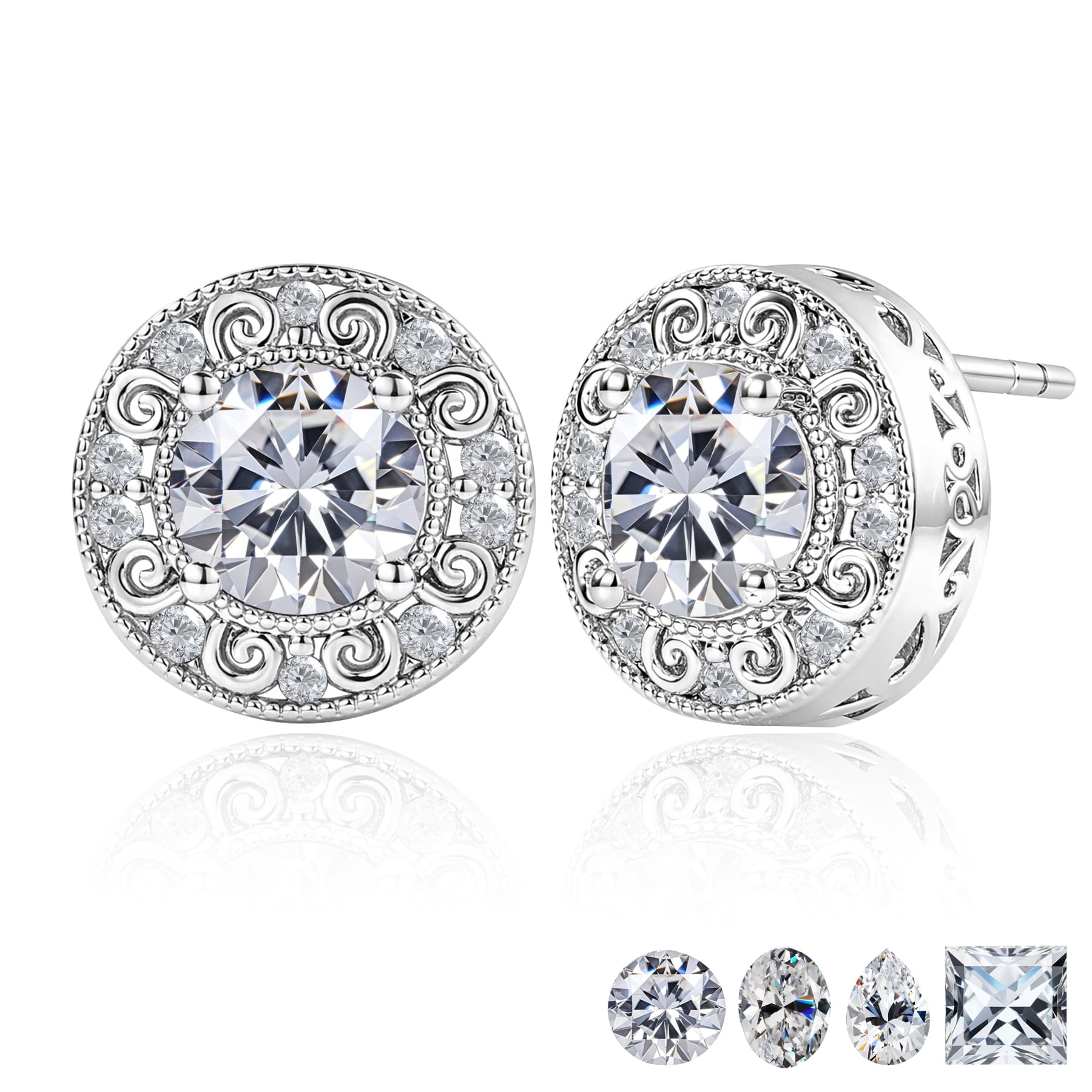 JeenMata 2 Carat Moissanite Vintage Round Cut Stud Earring - in 18K White Gold Plating for Women Earrings