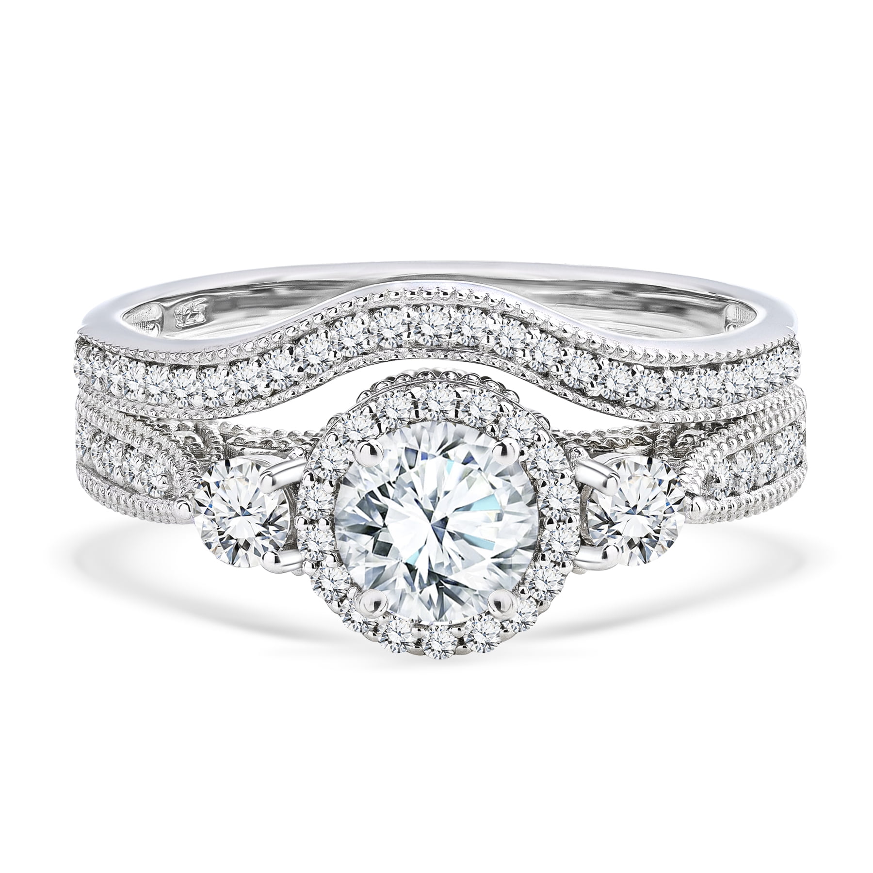 まきやん JeenMata 10K White Gold Square Diamond Wedding Ring Set