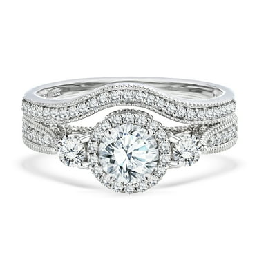 JeenMata 2 Carat Moissanite Wedding Ring Set - Round Cut Vintage Design Halo Bridal Set in 18K White Gold Plating for Women
