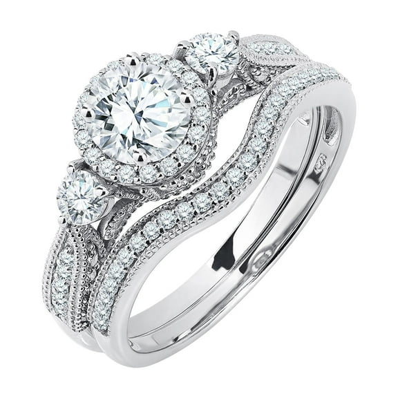 JeenMata 2 Carat Moissanite Wedding Ring Set - Round Cut Vintage Design Halo Bridal Set in 18K White Gold Plating for Women
