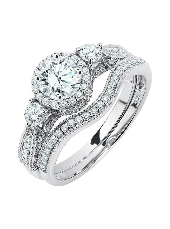 2 Carat Moissanite Wedding Ring Set - Round Cut Vintage Design Halo Bridal Set in 18K White Gold Plating for Women