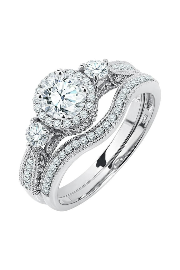 2 Carat Moissanite Wedding Ring Set - Round Cut Vintage Design Halo Bridal Set in 18K White Gold Plating for Women