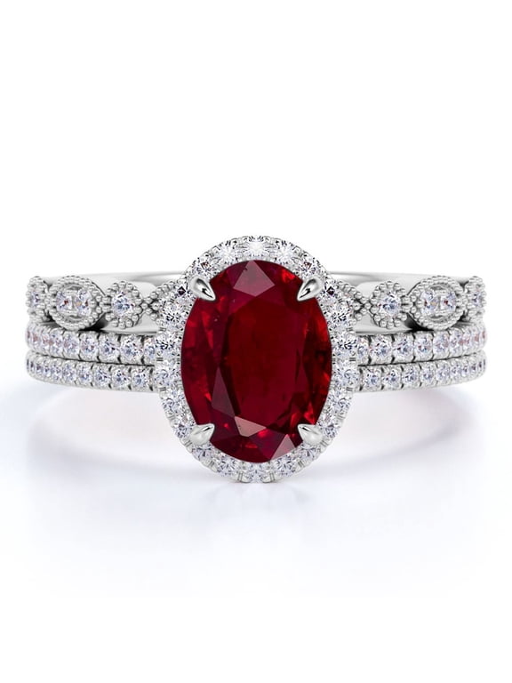 2 Carat Oval Antique Pigeon Blood Lab Created Ruby Trio Ring Set in 18k White Gold over Silver