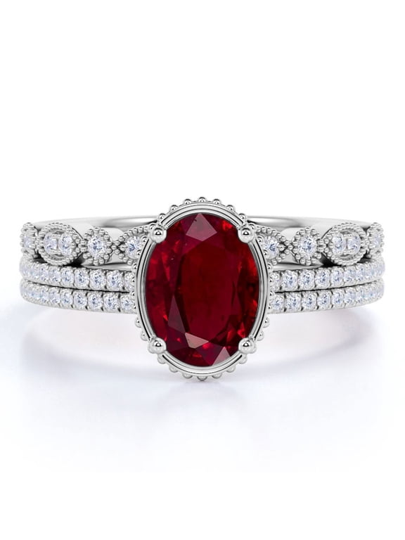 2 Carat Oval Cut Art Deco Blood Red Lab Created Ruby Trio Ring Set in 18k White Gold over Silver