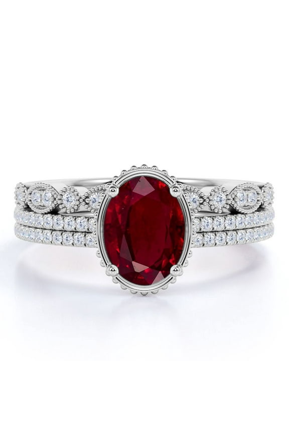2 Carat Oval Cut Art Deco Blood Red Lab Created Ruby Trio Ring Set in 18k White Gold over Silver