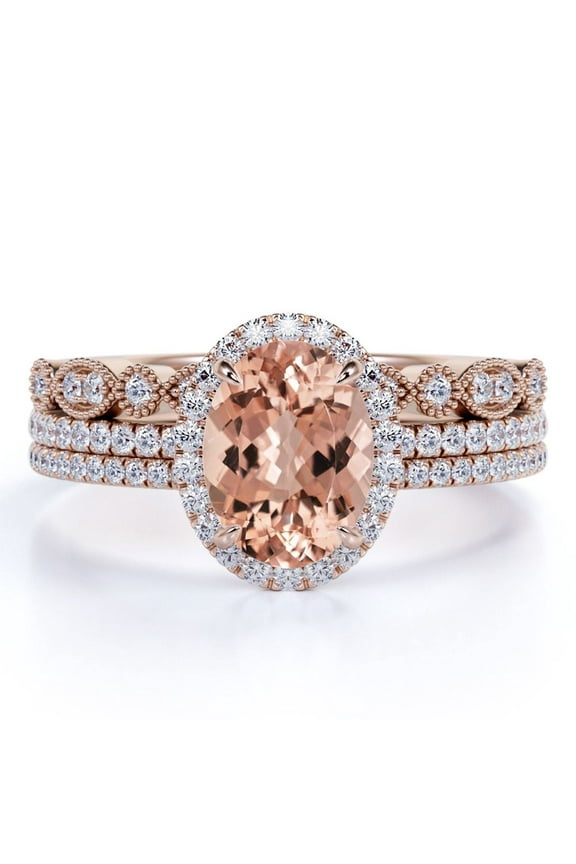 2 Carat Oval Cut Art Deco created morganite and Moissanite Trio Wedding Ring Set in Rose Gold