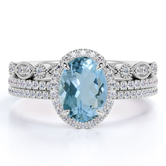 JeenMata 2 Carat Oval Cut Created Aquamarine and Moissanite Halo Trio Wedding Ring Set in 18k White Gold over Silver