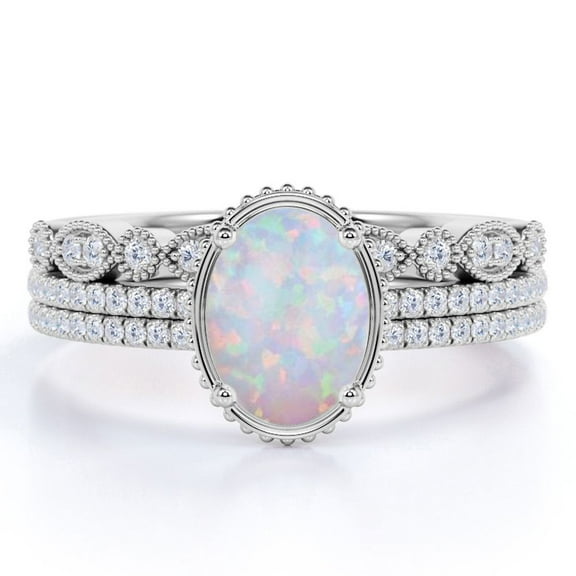 JeenMata 2 Carat Oval White Opal and Moissanite Antique Trio Wedding Ring Set in 18K White Gold over Silver