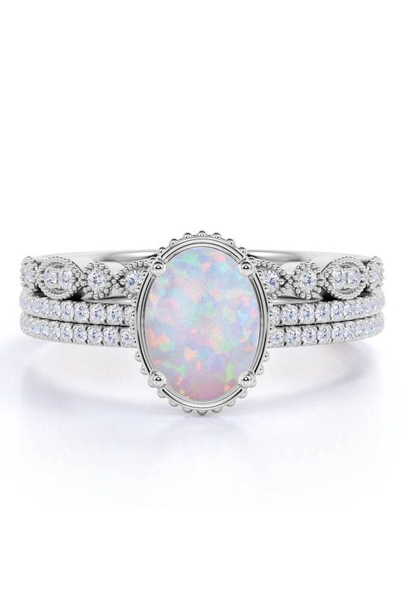 2 Carat Oval White Opal and Moissanite Antique Trio Wedding Ring Set in 18K White Gold over Silver