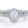 thumbnail image 1 of JeenMata 2 Carat Oval White Opal and Moissanite Antique Trio Wedding Ring Set in 18K White Gold over Silver, 1 of 7