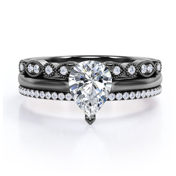 JeenMata 2.25 Carat Pear Cut - 3 Prong Pave Set - Art Deco Milgrain Filigree - Solitaire Engagement Ring - Trio Wedding Ring Set - 18K Black Gold Plating over Silver