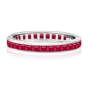JeenMata Stackable 2 Carat Princess Cut July - Ruby - Birthstone Channel Set Wedding Band - Eternity Wedding Ring in 18K White Gold Over Silver