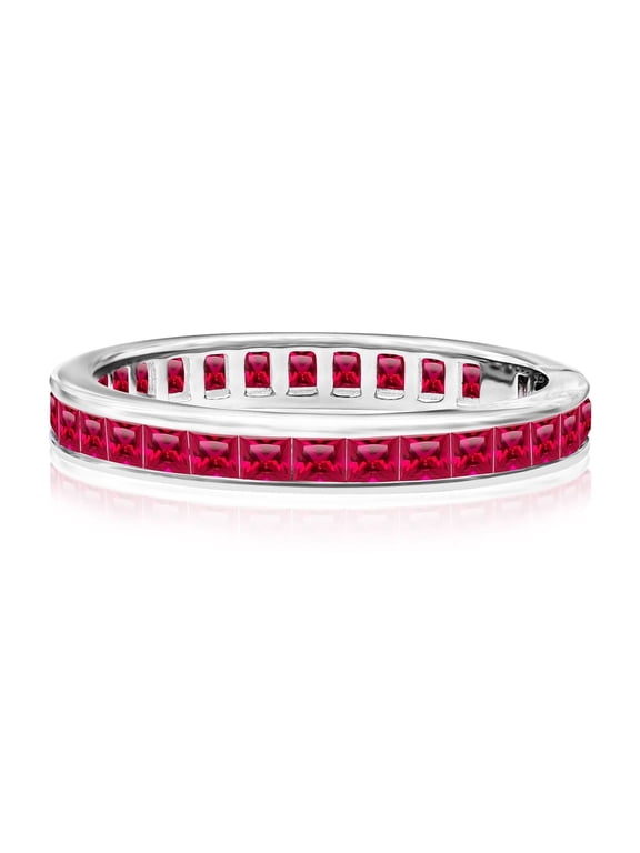 Stackable 2 Carat Princess Cut July - Ruby - Birthstone Channel Set Wedding Band - Eternity Wedding Ring in 18K White Gold Over Silver
