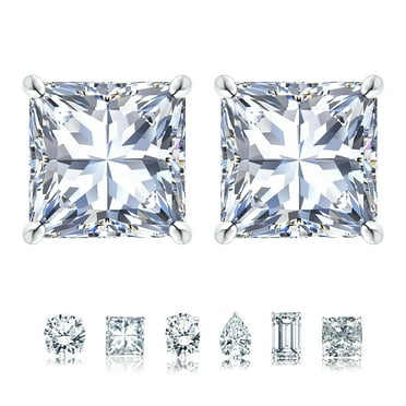 JeenMata 2 Carat Princess Cut Moissanite 4 Prong Solitaire Stud Earrings In 18K White Gold Plating Over Silver