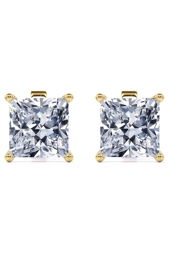 2 Carat Princess Cut Moissanite 4 Prong Solitaire Stud Earrings In 18K Yellow Gold Plating Over Silver