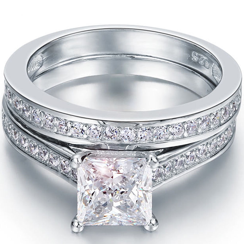 JeenMata 2 Carat Princess Cut Moissanite Wedding Set - Bridal Set - Channel Set Ring - Unique Ring - 18k White Gold Over Silver