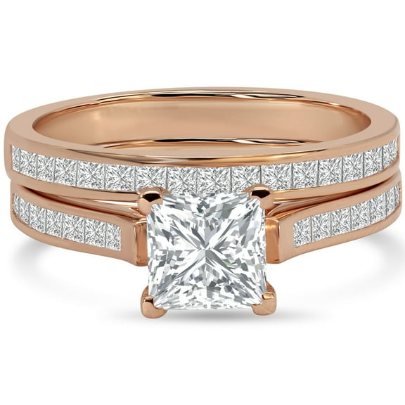 JeenMata 2 Carat Princess Cut Moissanite Wedding Set, 18k Rose Gold Over Silver