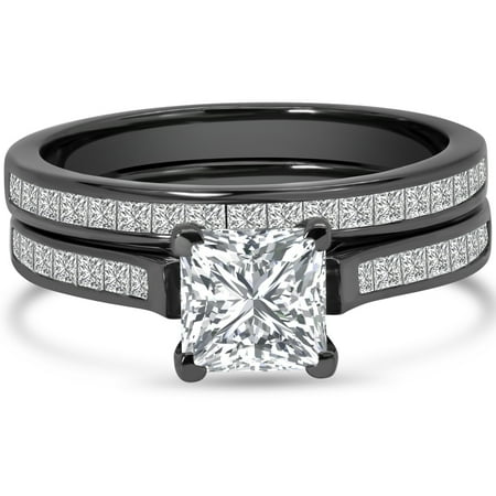 JeenMata 2 Carat Princess Cut Moissanite Wedding Set - Bridal Set - Channel Set Ring - Unique Ring - 18k Black Gold Over Silver