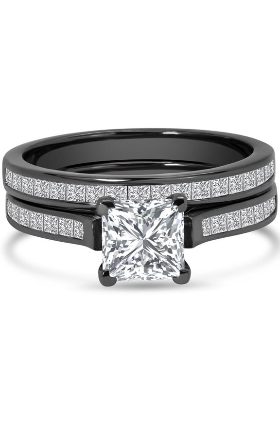 2 Carat Princess Cut Moissanite Wedding Set - Bridal Set - Channel Set Ring - Unique Ring - 18k Black Gold Over Silver