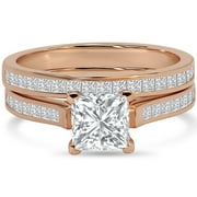 JeenMata 2 Carat Princess Cut Moissanite Wedding Set - Bridal Set - Channel Set Ring - Unique Ring - 18k Rose Gold Over Silver